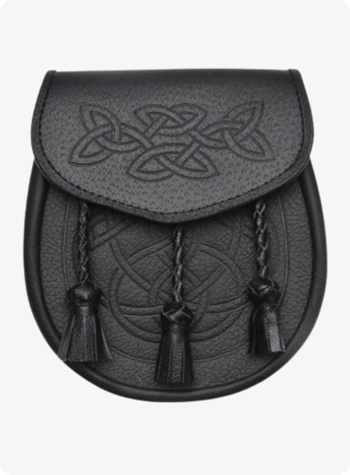 Custom Made Celtic Tassel Interweave Triple  Black Leather Sporran