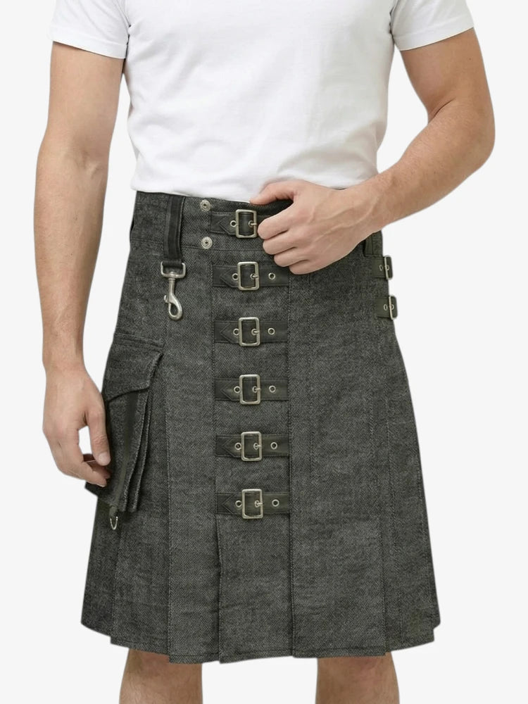 Anthrazitfarbener Denim-Kilt mit verstellbarer Schnalle