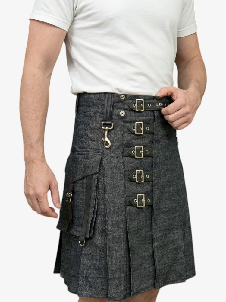 Anthrazitfarbener Denim-Kilt mit verstellbarer Schnalle