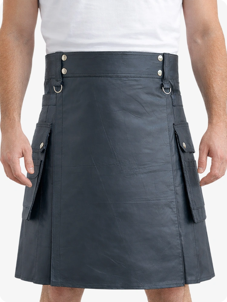 Anthrazitfarbener Echtleder Utility Kilt mit Cargotaschen und D-Ringen