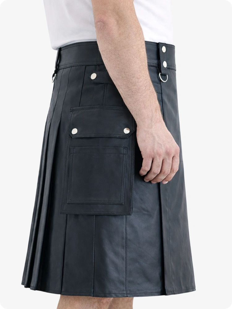 Anthrazitfarbener Echtleder Utility Kilt mit Cargotaschen und D-Ringen