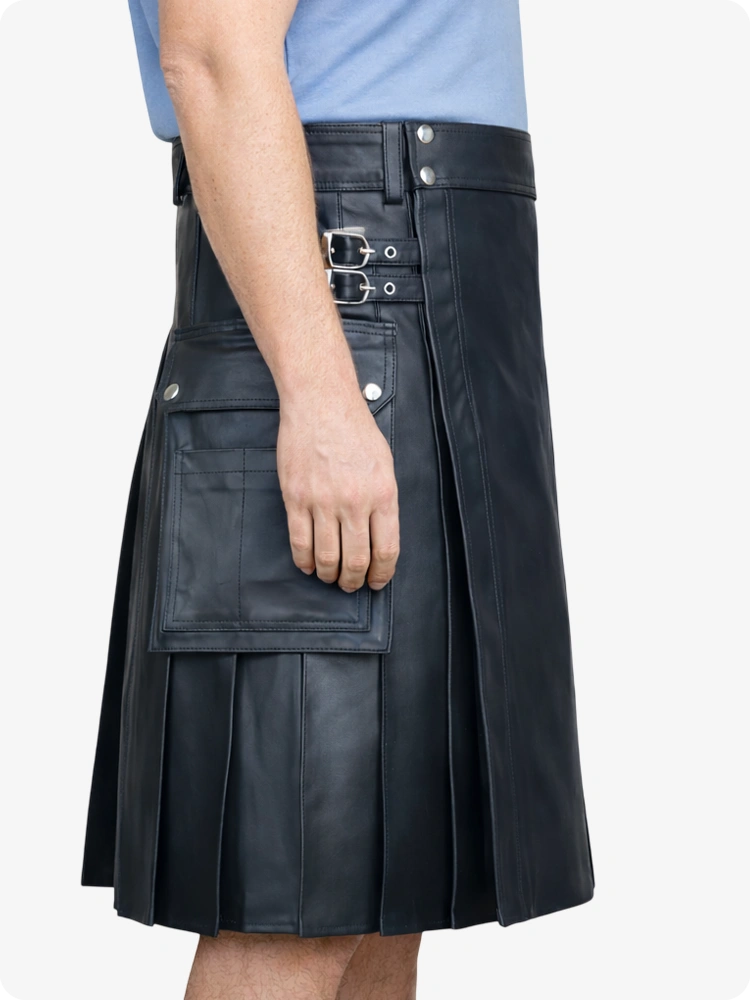 Anthrazitfarbener Utility-Kilt aus echtem Leder mit Seitentaschen