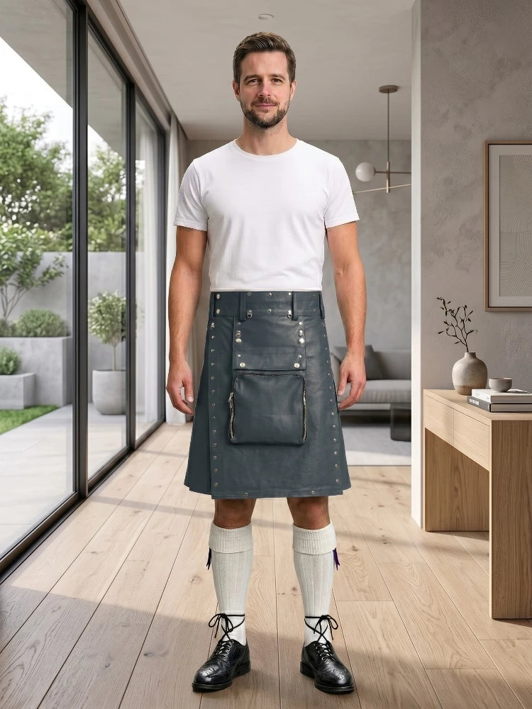 Charcoal Leather Utility Kilt Front Side