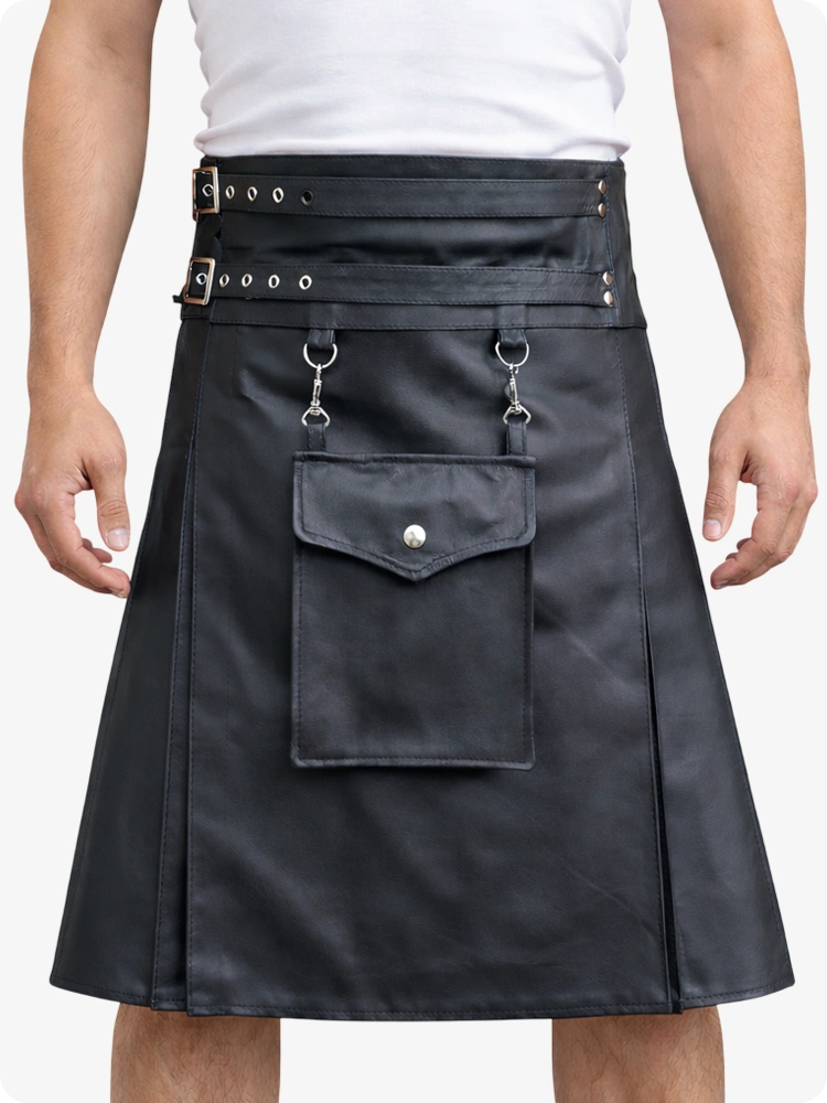 Anthrazitfarbener Leder-Utility-Kilt mit Fronttasche und verstellbaren Schnallenriemen