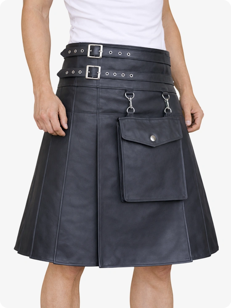 Anthrazitfarbener Leder-Utility-Kilt mit Fronttasche und verstellbaren Schnallenriemen