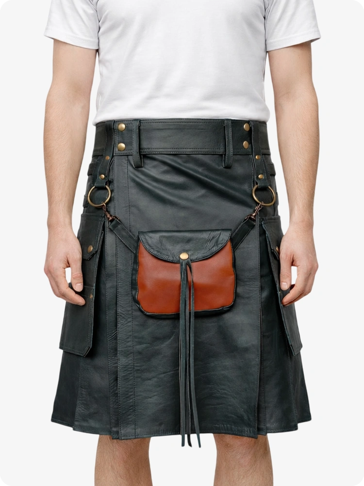 Anthrazitfarbener Leder Utility Kilt mit Front-Sporran