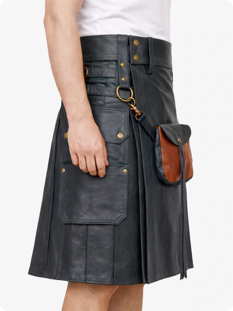 Anthrazitfarbener Leder Utility Kilt mit Front-Sporran