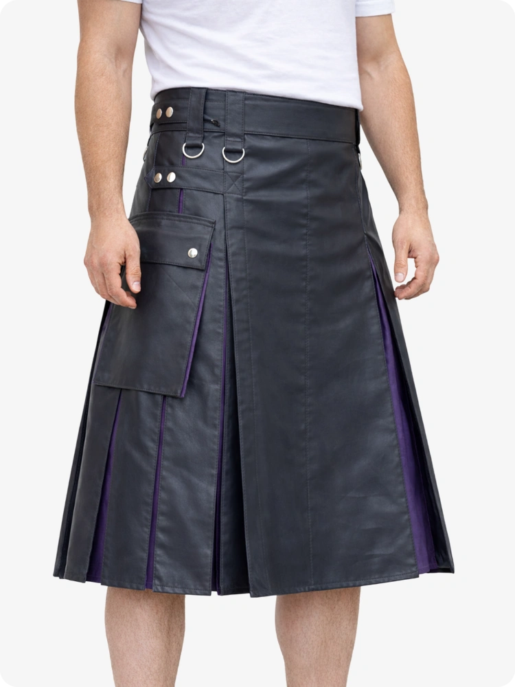 Charcoal Leather Utility Kilt with Purple Pleats, Side Pockets & D-Ring Hardware