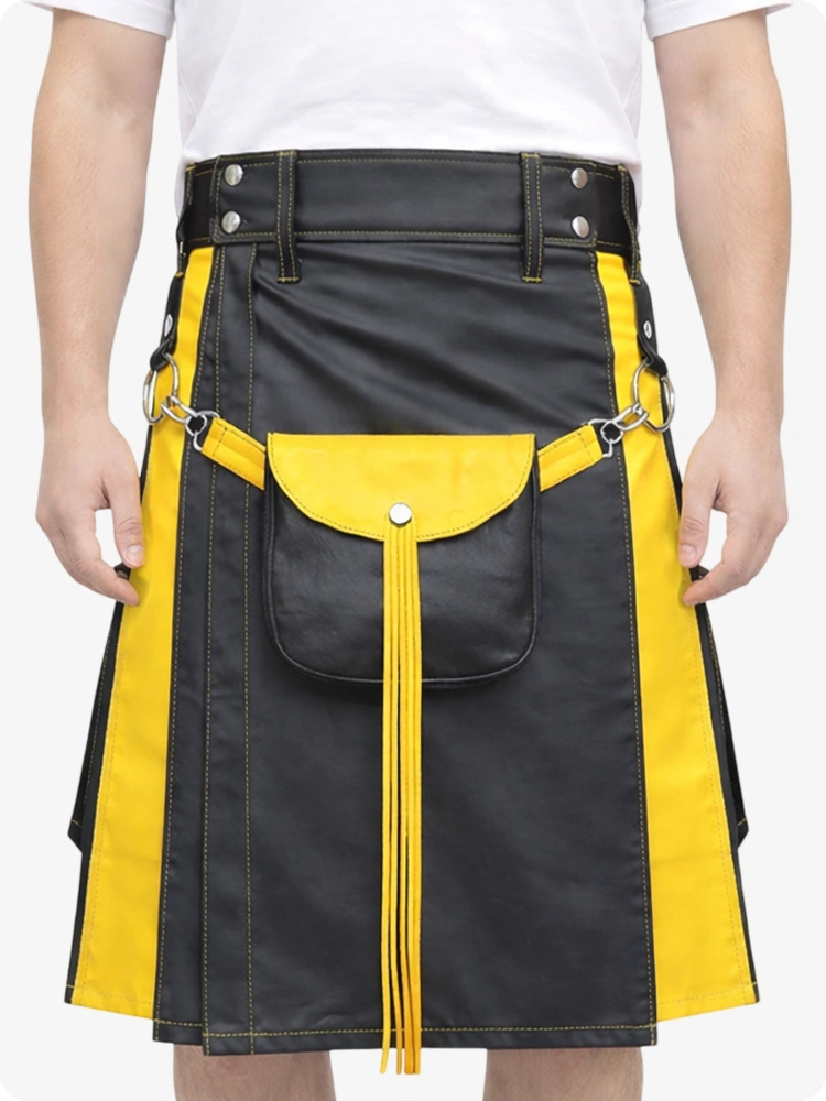 Anthrazitfarbener Leder Utility Kilt mit gelben Akzenten & abnehmbaren Taschen