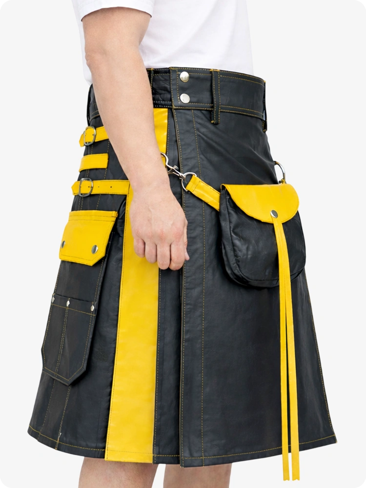 Anthrazitfarbener Leder Utility Kilt mit gelben Akzenten & abnehmbaren Taschen