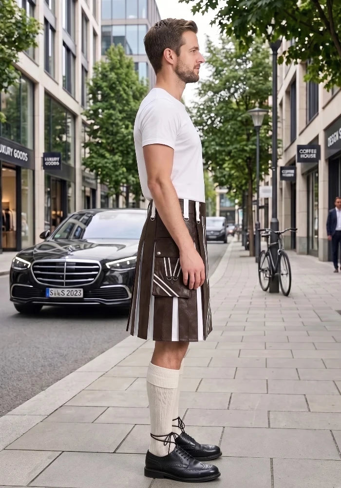 Chocolate Brown and White Leather Hybrid Utility Kilt right side