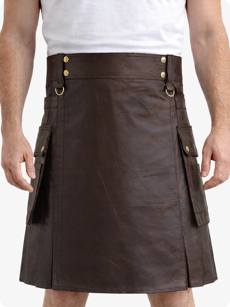 Schokoladenbrauner Echtleder Utility Kilt mit Cargotaschen & D-Ringen