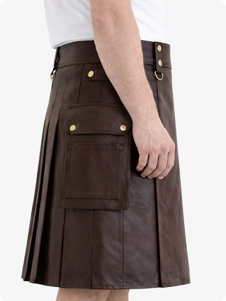 Schokoladenbrauner Echtleder Utility Kilt mit Cargotaschen & D-Ringen