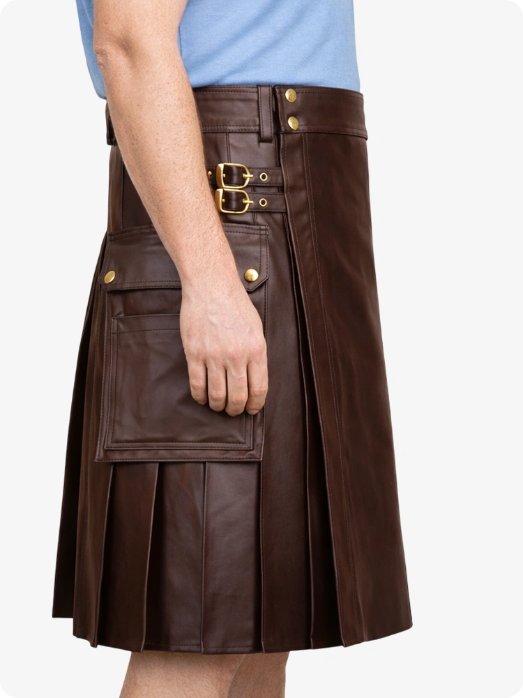 Schokoladenbrauner Utility-Kilt aus echtem Leder mit Seitentaschen