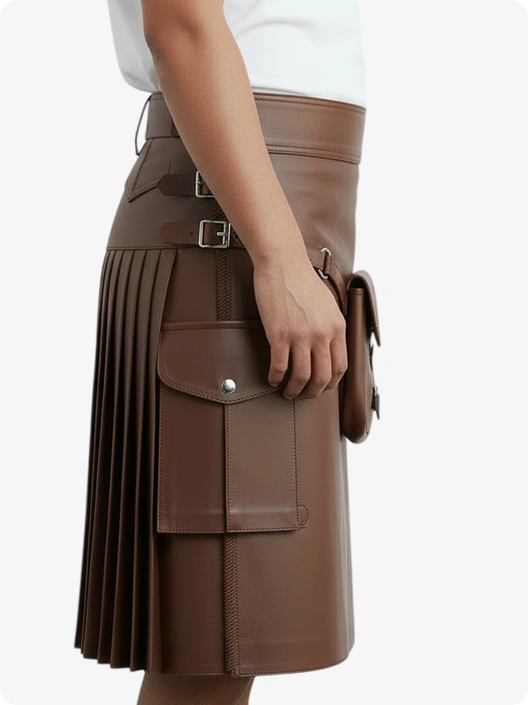 Schokoladenbrauner Leder Faltenkilt mit Gürtelschlaufen & Seitenriemen