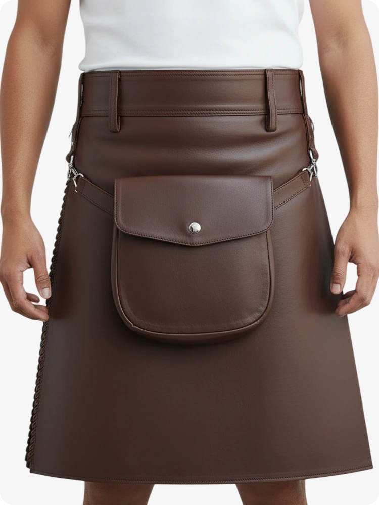 Schokoladenbrauner Leder Faltenkilt mit Gürtelschlaufen & Seitenriemen