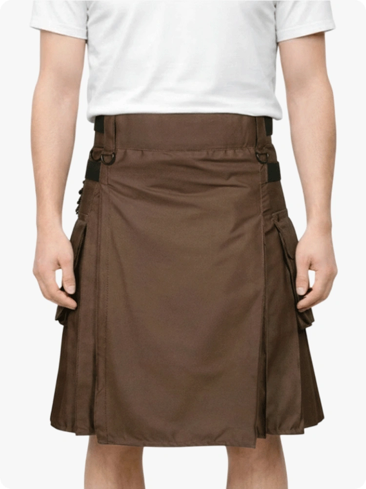 Schokoladenbrauner Utility Kilt mit Lederriemen