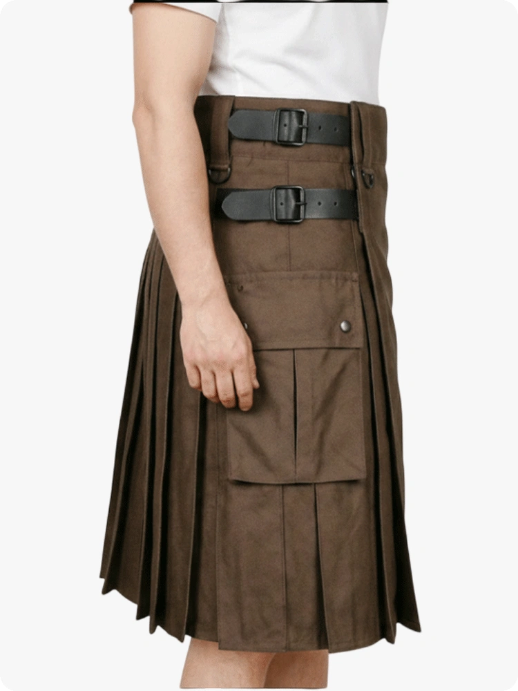 Schokoladenbrauner Utility Kilt mit Lederriemen