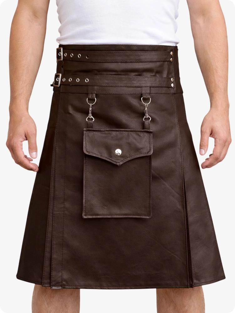 Schokoladenbrauner Leder-Utility-Kilt mit Fronttasche und verstellbaren Schnallenriemen