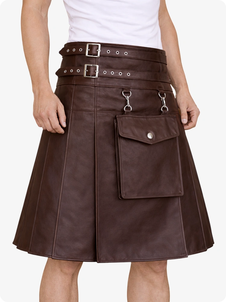 Schokoladenbrauner Leder-Utility-Kilt mit Fronttasche und verstellbaren Schnallenriemen