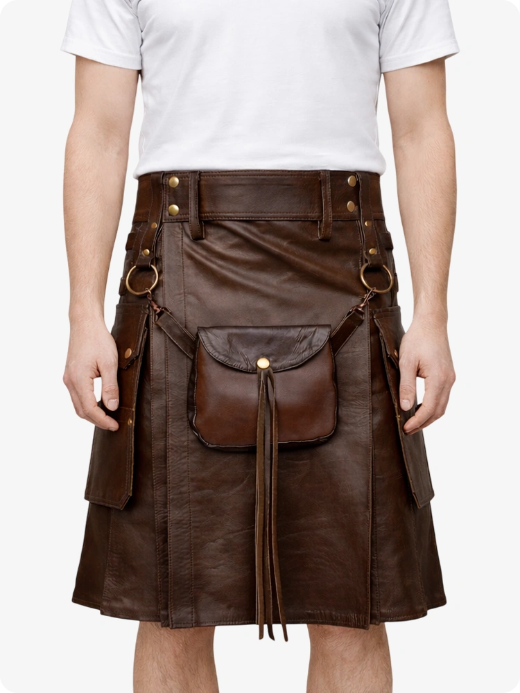 Schokoladenbrauner Leder Utility Kilt mit Front-Sporran