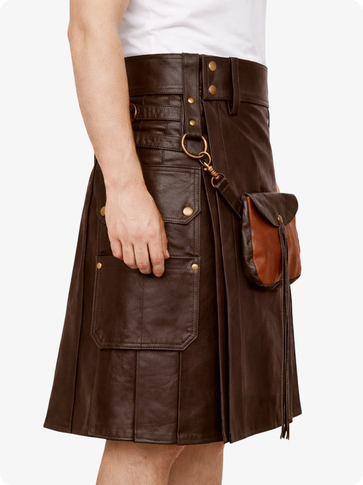 Schokoladenbrauner Leder Utility Kilt mit Front-Sporran