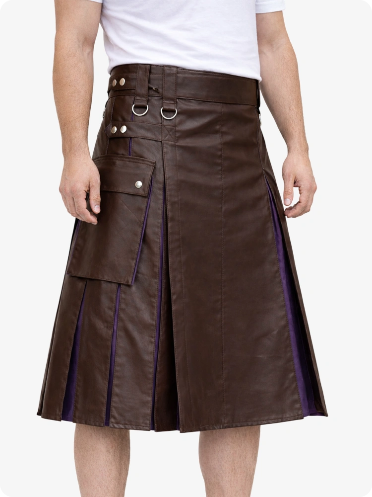 Chocolate Brown Leather Utility Kilt with Purple Pleats, Side Pockets & D-Ring Hardware