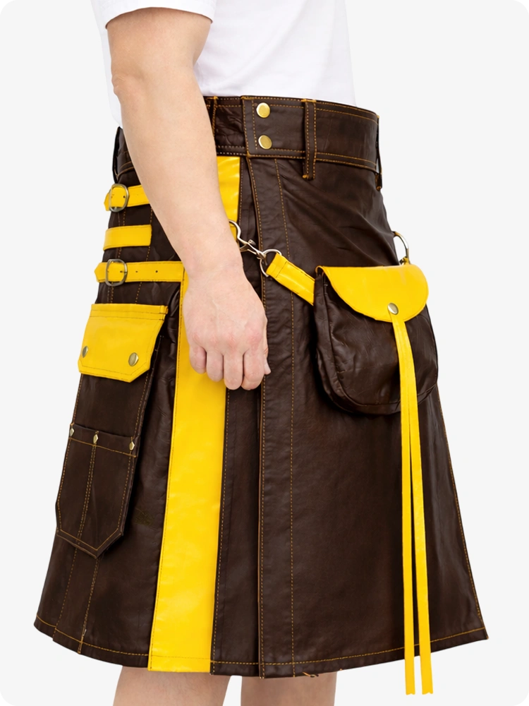 Schokoladenbrauner Leder Utility Kilt mit gelben Akzenten & abnehmbaren Taschen