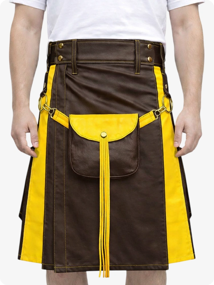 Schokoladenbrauner Leder Utility Kilt mit gelben Akzenten & abnehmbaren Taschen