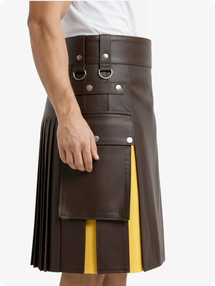 Schokoladenbraun & Gelb Leder Utility Kilt mit Cargotaschen