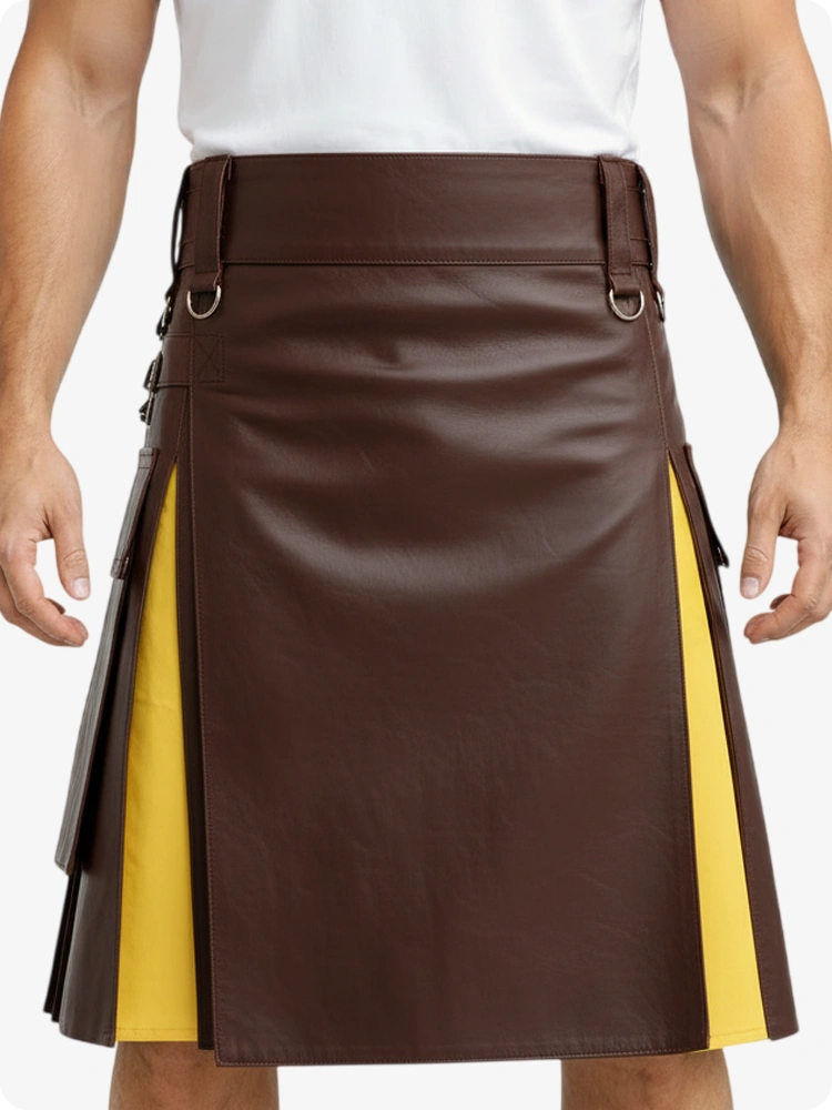 Schokoladenbraun & Gelb Leder Utility Kilt mit Cargotaschen