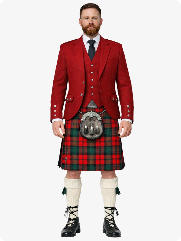 Clan Kerr Tartan-Kilt mit rotem Argyle-Jacken-Outfit
