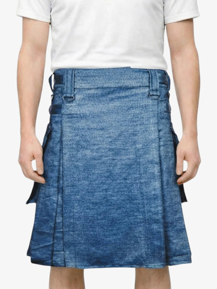 Klassischer blauer Utility Kilt mit verstellbaren Lederstraps