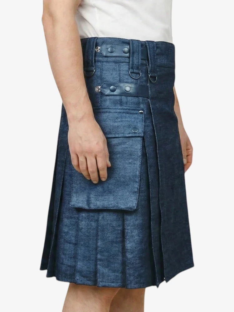 Klassischer blauer Utility Kilt mit verstellbaren Lederstraps