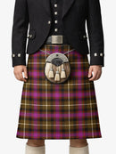 Person wearing a tartan kilt with a sporran on a white background