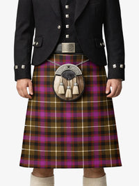 Person wearing a tartan kilt with a sporran on a white background