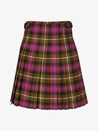 Plaid kilt with a purple and brown pattern on a white background