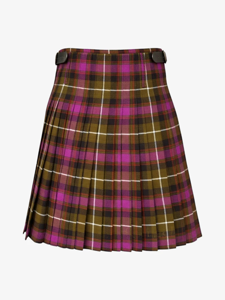 Plaid kilt with a purple and brown pattern on a white background