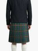 Person wearing a black coat and plaid kilt on a white background