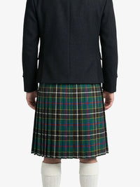 Person wearing a black coat and plaid kilt on a white background