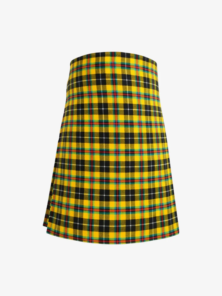 Plaid kilt with yellow, black, and red pattern on a white background