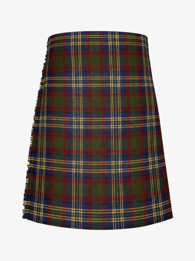 Plaid kilt with green, red, and blue pattern on a white background