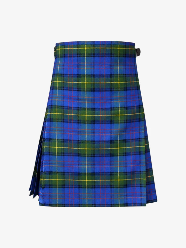 Blue and green plaid kilt on a white background