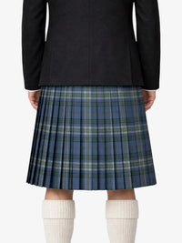 Person wearing a black jacket and blue plaid kilt on a white background
