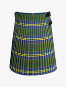 Plaid kilt with green, blue, and yellow colors on a white background