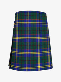 Plaid kilt with green, blue, and yellow colors on a white background
