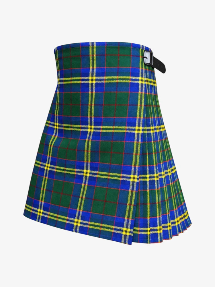 Plaid kilt with green, blue, and yellow colors on a white background