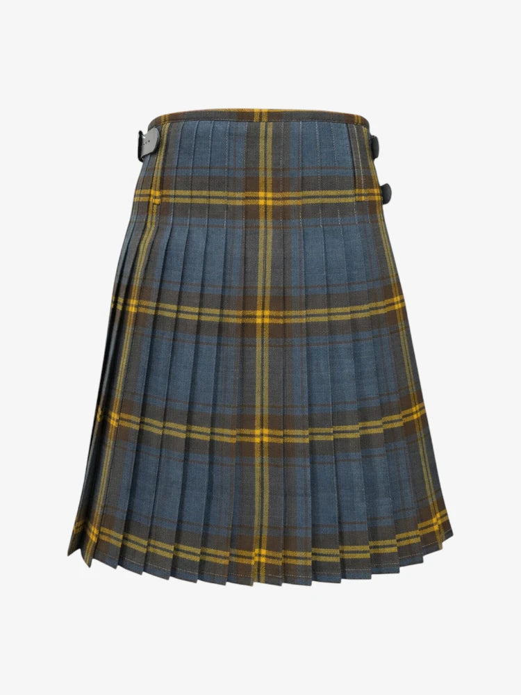 Plaid kilt with blue and yellow pattern on a white background