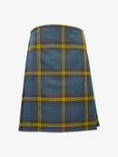 Plaid kilt with blue and yellow pattern on a white background