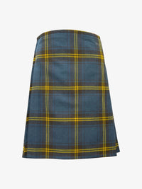 Plaid kilt with blue and yellow pattern on a white background